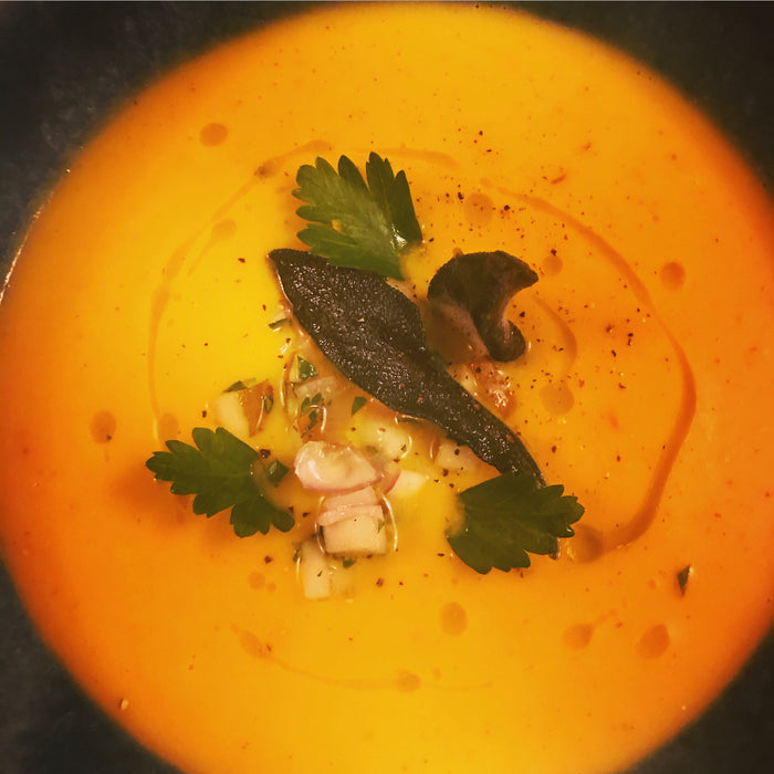 Winter Squash and Roasted Pear Soup with Crispy Fried Sage